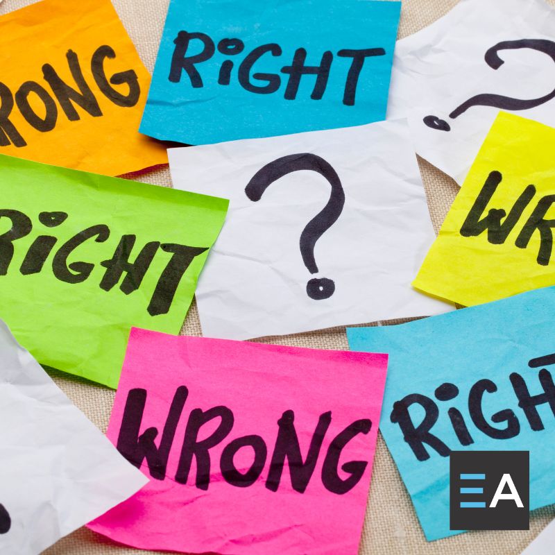 Multicolored sticky notes with questions marks and the words right and wrong on them